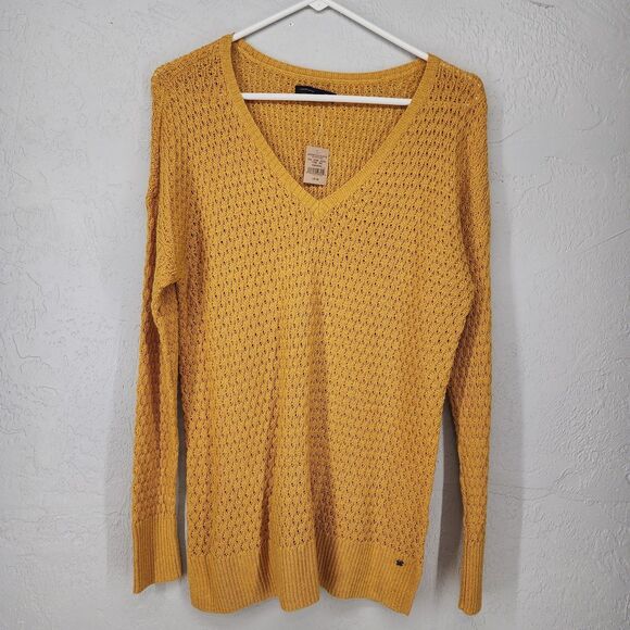 American Eagle Mustard Yellow Knit V Neck Sweater Size M NWT - Picture 1 of 4